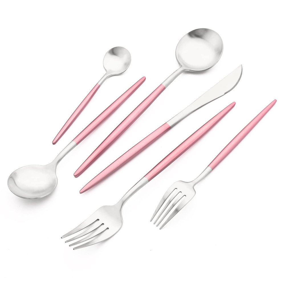 24-piece Snplowum Silver Satin Finished Serving Set, 18/10 Stainless Steel Flatware With Pink Round Hanle For Daily Use Salad Coffee Include Knife/Fork/Spoon, Service For 4 (Pink Silver)