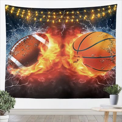 Basketball Football Tapestry Rugby Hat Wall Blanket Tapestries, Sports Theme Wall Hanging for Kids Teens Boys Girls Red Flame Fashion Home Wall Decor, Medium 59.1 x 59.1 Inches