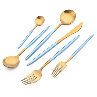 24-piece Snplowum Matte Gold Tableware, 18/10 Stainless Steel Utensils Heavy Serving Set With Blue Handle For Dinner & Dessert Home Restaurant Flatware Set, Service For 4 (Blue Gold)