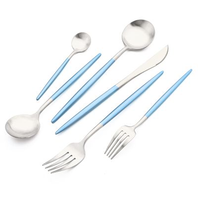 24-piece Snplowum Silver Satin Finished Serving Set, 18/10 Stainless Steel Flatware With Blue Round Hanle For Daily Use Salad Coffee Include Knife/Fork/Spoon, Service For 4 (Blue Silver)