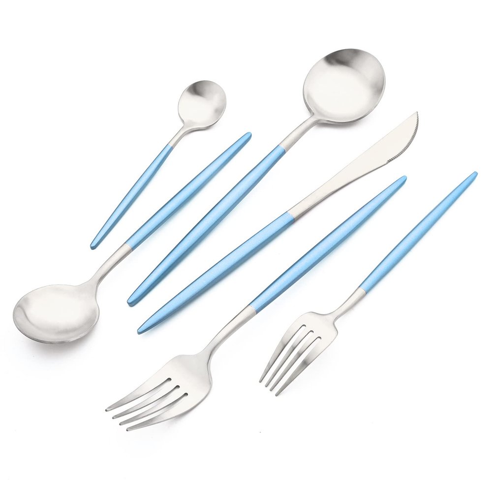 24-piece Snplowum Silver Satin Finished Serving Set, 18/10 Stainless Steel Flatware With Blue Round Hanle For Daily Use Salad Coffee Include Knife/Fork/Spoon, Service For 4 (Blue Silver)