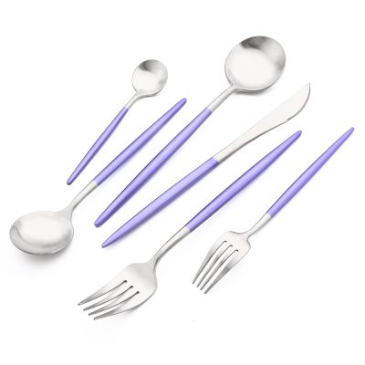 24-piece Snplowum Silver Satin Finished Serving Set, 18/10 Stainless Steel Flatware With Purple Round Hanle For Daily Use Salad Coffee Include Knife/Fork/Spoon, Service For 4 (Purple Silver)