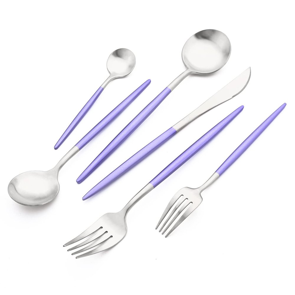 24-piece Snplowum Silver Satin Finished Serving Set, 18/10 Stainless Steel Flatware With Purple Round Hanle For Daily Use Salad Coffee Include Knife/Fork/Spoon, Service For 4 (Purple Silver)