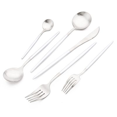 24-piece Snplowum Silver Satin Finished Serving Set, 18/10 Stainless Steel Flatware With White Round Hanle For Daily Use Salad Coffee Include Knife/Fork/Spoon, Service For 4 (White Silver)