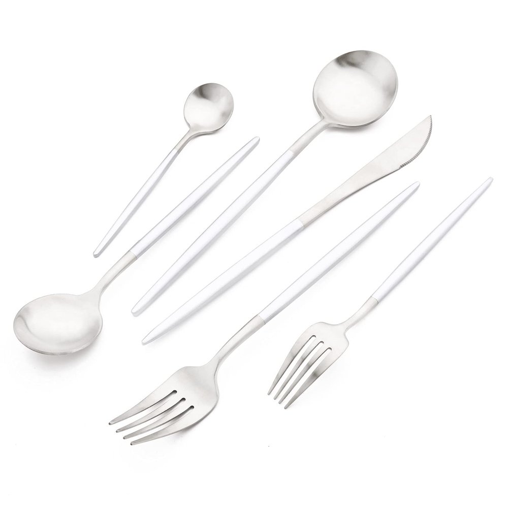 24-piece Snplowum Silver Satin Finished Serving Set, 18/10 Stainless Steel Flatware With White Round Hanle For Daily Use Salad Coffee Include Knife/Fork/Spoon, Service For 4 (White Silver)