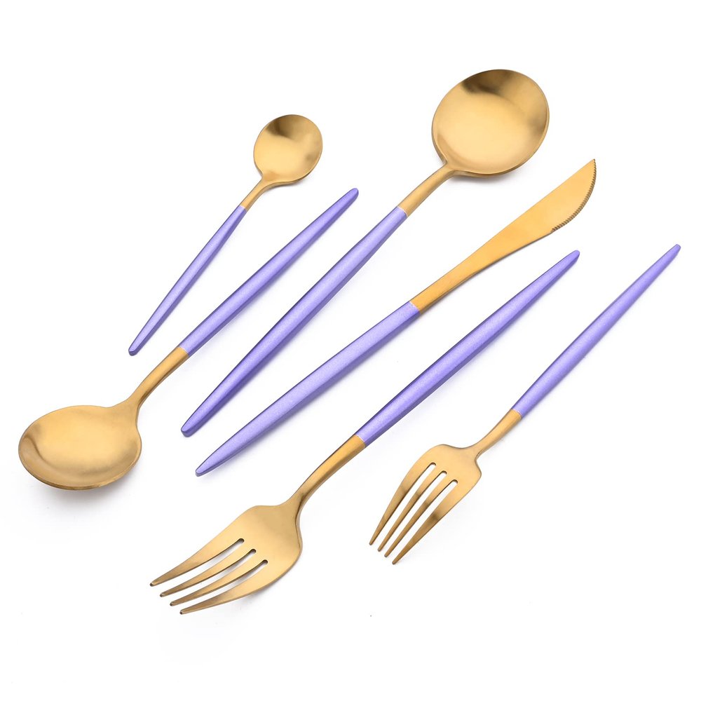 24-piece Snplowum Matte Gold Tableware, 18/10 Stainless Steel Utensils Heavy Serving Set With Purple Handle For Dinner & Dessert Home Restaurant Flatware Set, Service For 4 (Purple Gold)