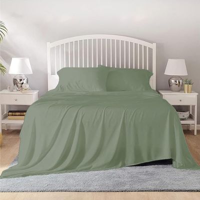 3 Piece Flat Sheet Set Oversized Size (132" x 110") 100% Egyptian Cotton 800 Thread Count Sheets - Soft, Wrinkle-Free, Fade-Resistant,Hotel Quality Flat Bed Sheet - Sage Solid