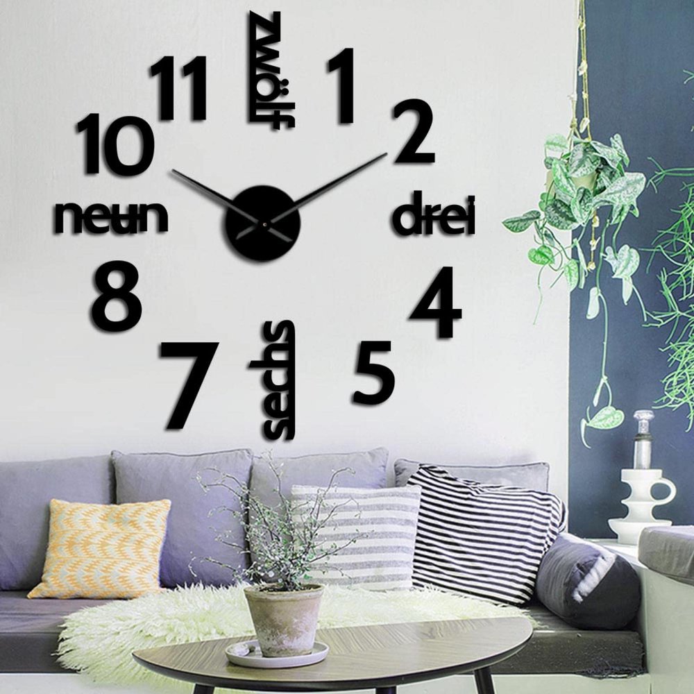 HERWS Wall Clock Language and Numerals DIY Large Wall Clock Silent Movement Horologe Frameless Big Numbers Acrylic Clocks Watch