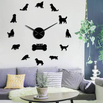 HERWS Wall Clock Golden Retriever Dog Silent Quartz DIY Wall Clock Retriever Canine Puppy Pet Self Adhesive Clock Watch Home Decoration