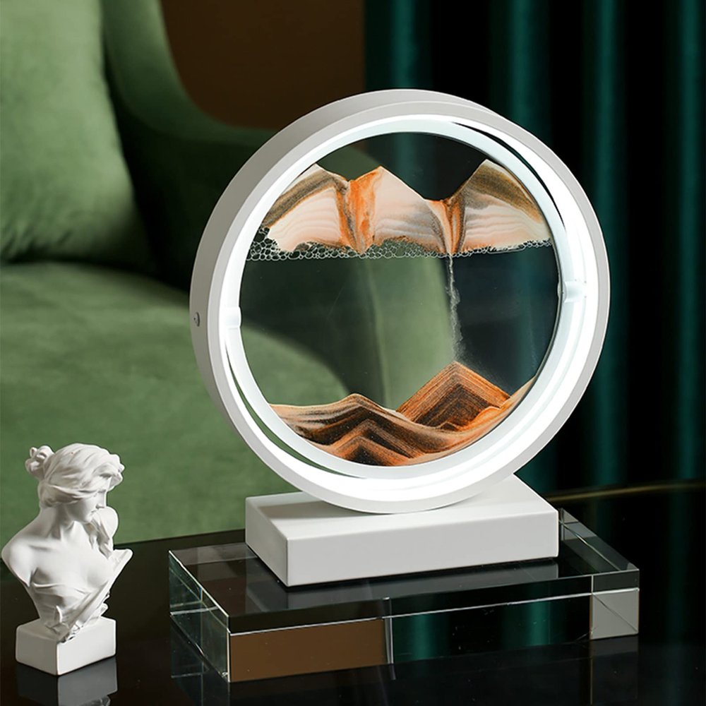XBAOMING Hourglass Art, Art 3D360 Rotating Quicksand Lighting Desktop Art Office and Home Decor,White