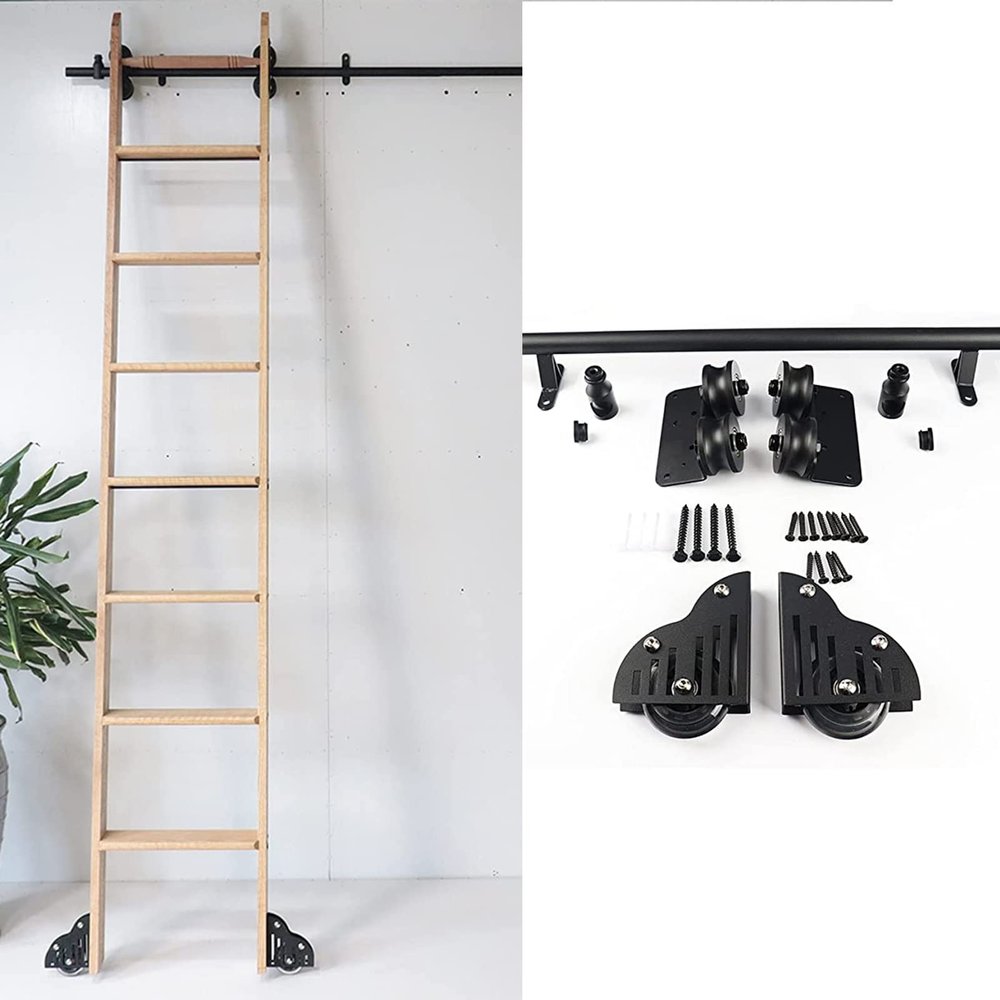 XFSHKJS Sliding Ladder Library Full Set Hardware (No Ladder) Rolling Ladder Hardware Library, Black, Mobile Ladder Track for Home/Indoor/Loft, with Floor Roller Wheels (Size : 13ft/400cm Track kit)