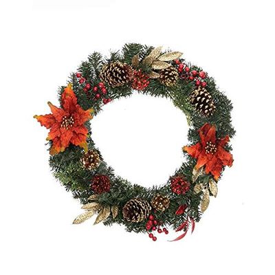 Artificial Christmas Wreath, Pine Cone Snow Flocked Glitter Wreath with red Berries, Suitable for Front Door Winter Green Home Hanging Wall Window Party Decoration