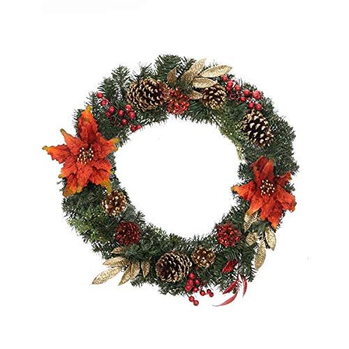 Artificial Christmas Wreath, Pine Cone Snow Flocked Glitter Wreath with red Berries, Suitable for Front Door Winter Green Home Hanging Wall Window Party Decoration