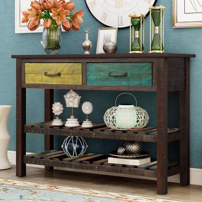 45in Long Accent Entry Console Table with Drawers & Bottom Open Shelf, Retro Console Table for Entryway, Hallway Living Room, Easy Assembly, 45"L 14.9"W 30.7"H,Colorful