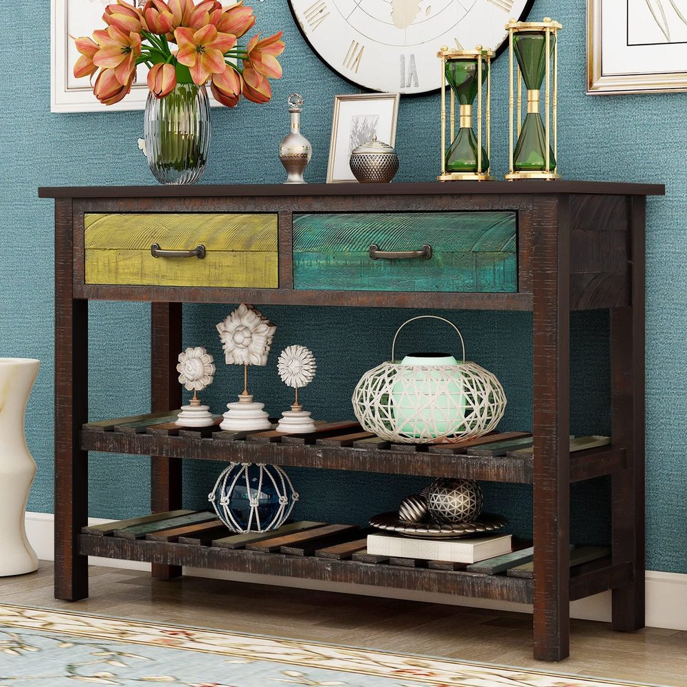 45in Long Accent Entry Console Table with Drawers & Bottom Open Shelf, Retro Console Table for Entryway, Hallway Living Room, Easy Assembly, 45"L 14.9"W 30.7"H,Colorful