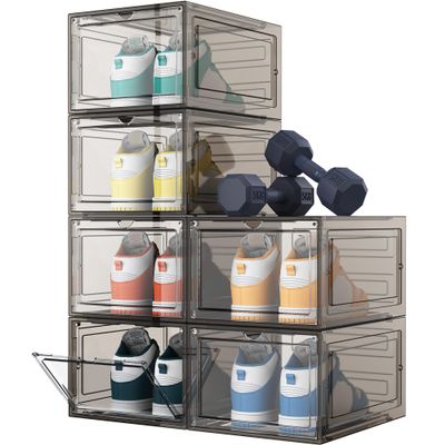 HOMIDEC Shoe Storage, 6 Pack Shoe Organizer Hard Plastic Shoe Box, Shoe Boxes Clear Plastic Stackable, Shoe Boxes with Lids for Size 13, Clear Smoke