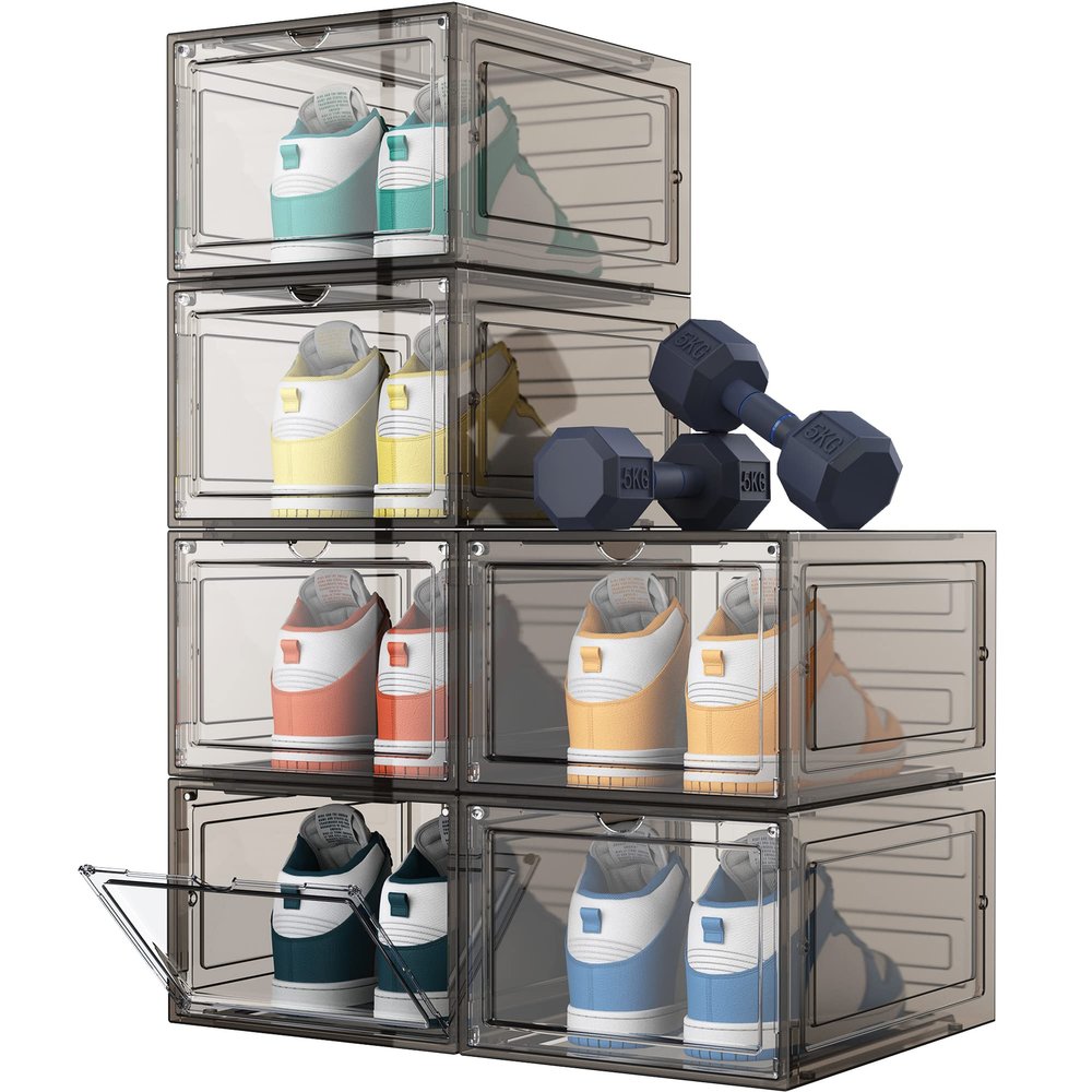 HOMIDEC Shoe Storage, 6 Pack Shoe Organizer Hard Plastic Shoe Box, Shoe Boxes Clear Plastic Stackable, Shoe Boxes with Lids for Size 13, Clear Smoke