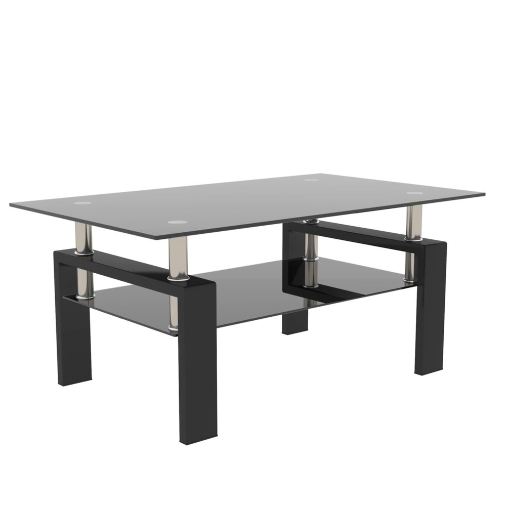 38.6'' Rectangle Glass Coffee Table, Black Coffee Table with Tempered Glass & Metal Legs, 2-Tier Modern Center Table with Storage Shelf, Black Glass Coffee Tables for Living Room, Apartment, Office
