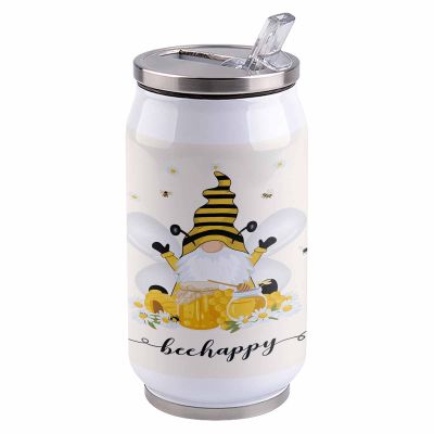 14oz Stainless Steel Tumbler with Lid & Straw-Double Wall Vacuum Insulated Travel Mug, Be Happy Cute Bee Gnome Water Bottle Coffee Beverage Drinks Cup for Adults Kids