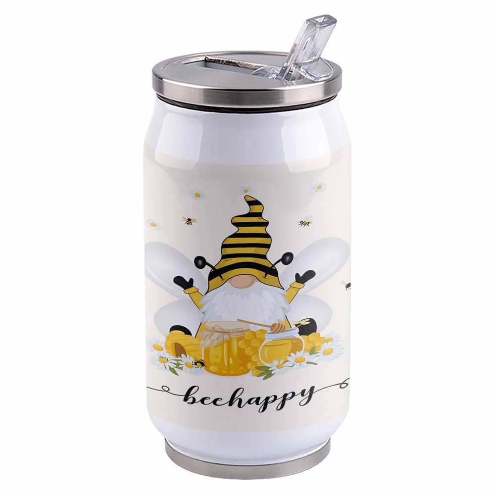 14oz Stainless Steel Tumbler with Lid & Straw-Double Wall Vacuum Insulated Travel Mug, Be Happy Cute Bee Gnome Water Bottle Coffee Beverage Drinks Cup for Adults Kids