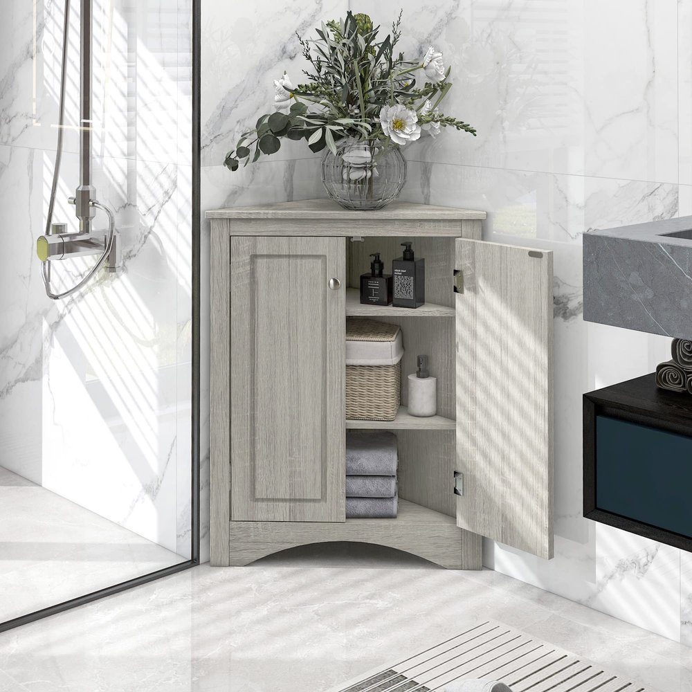 Merax Bathroom Cabinet Freestanding Storage Furniture with Adjustable Shelves and Doors for Kitchen, Living Room, Hall, Modern Style, Oak Triangle