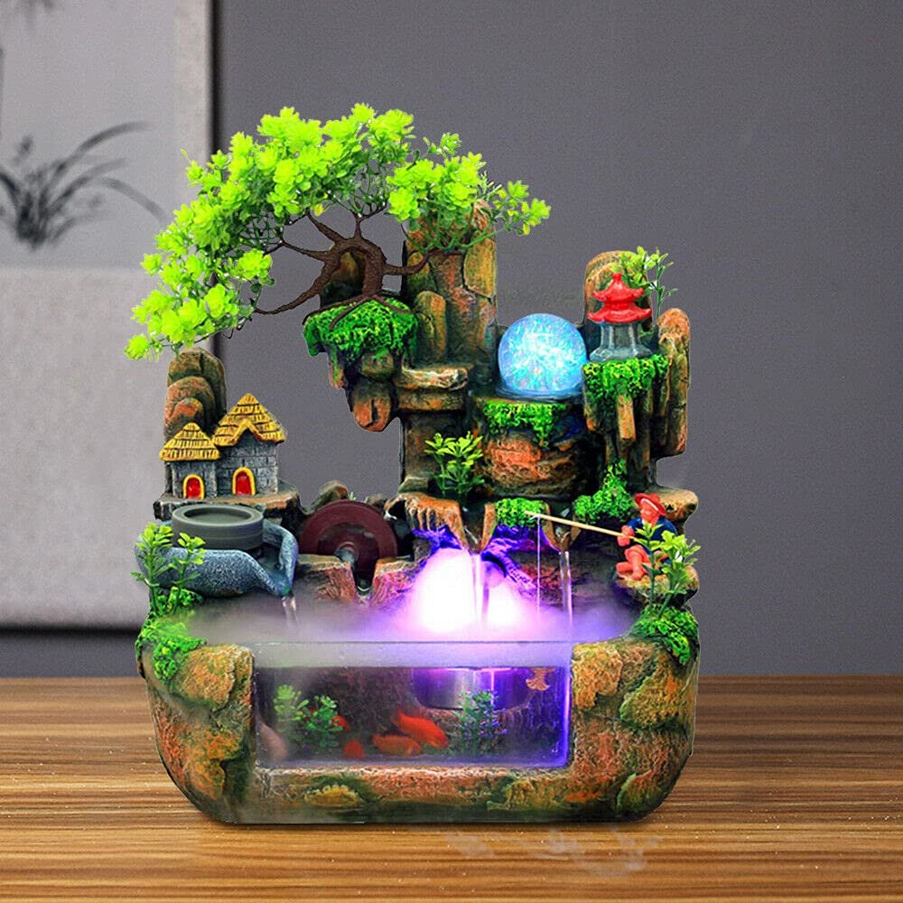 Desktop Water Fountain Indoor Decoration  Fountain Ornament Fengshui - with LED Light for Home Office Bedroom RelaxationSoothing Relaxation, Zen Meditation Ambient Office Home (Model 3)