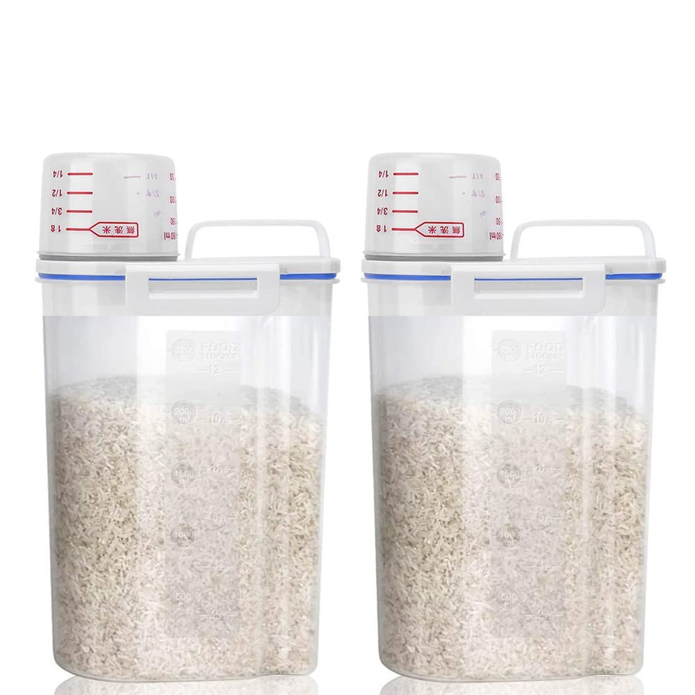 2Pcs Rice Storage Container, BPA Free Plastic Airtight Food Dispenser with Pouring Spout & Measuring Cup, Pet Food Storage Bin, Dry Food Storage Bucket for Rice, Cereal, Flour, Oatmeal