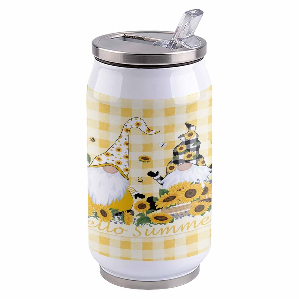 10oz Stainless Steel Tumbler with Lid & Straw-Double Wall Vacuum Insulated Travel Mug, Hello Summer Sunflower Gnomes Yellow Buffalo Plaid Water Bottle Coffee Beverage Drinks Cup for Adults Kids
