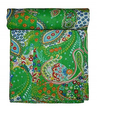 Ruhani Crafts Indian Handmade Paisley Printed Twin Size Kantha Quilt, Kantha Blanket, Bed Cover, Twin Kantha Bedspread, Bohemian Bedding Kantha Size 90 x 60 Inch, Bohemian Decor (Yellow) (Green)