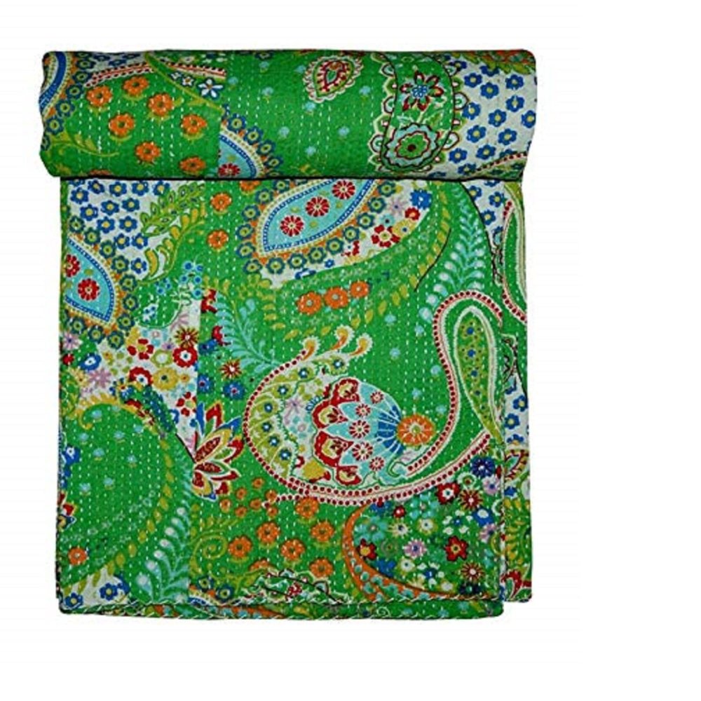 Ruhani Crafts Indian Handmade Paisley Printed Twin Size Kantha Quilt, Kantha Blanket, Bed Cover, Twin Kantha Bedspread, Bohemian Bedding Kantha Size 90 x 60 Inch, Bohemian Decor (Yellow) (Green)