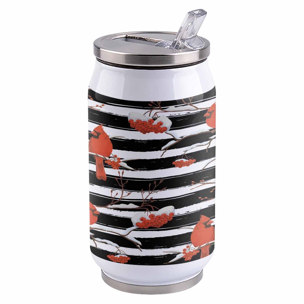 10oz Stainless Steel Tumbler with Lid & Straw-Double Wall Vacuum Insulated Travel Mug, Christmas Winter Snow Cardinalis Black White Stripe Water Bottle Coffee Beverage Drinks Cup for Adults Kids