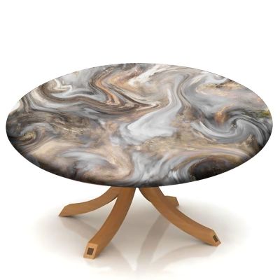 Marble Fitted Round Tablecloth, Elastic Edged Table Cover for Indoor Outdoor, Retro Style Watercolor Fabric Tablecloths for 28"-32" Table, Sand Brown Light Grey