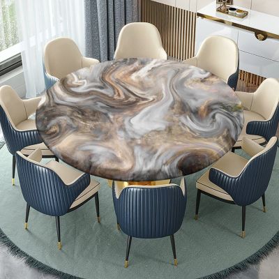 Marble Fitted Round Tablecloth, Elastic Edged Table Cover for Indoor Outdoor, Retro Style Watercolor Fabric Tablecloths for 48"-52" Table, Sand Brown Light Grey