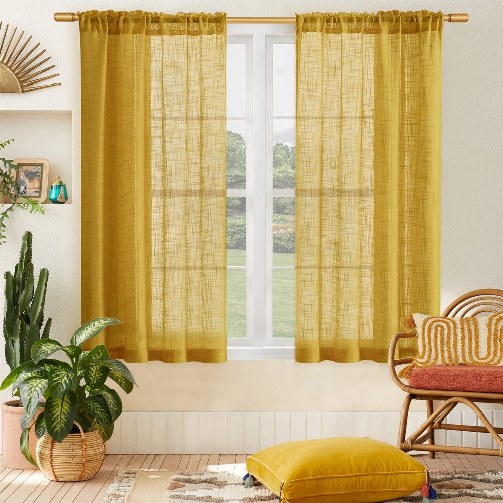 Mustard Yellow Curtains 48 Inch Length for Kitchen Window 2 Panels Set,Small Short Faux Linen Semi Sheer Light Gold Curtains for Bathroom Spring Decor