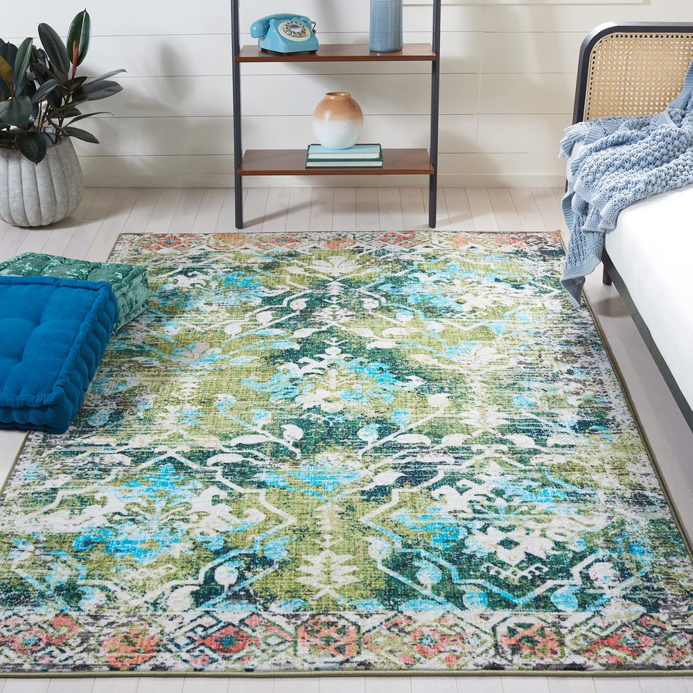 SAFAVIEH Washable Rug Riviera Collection - 4'5" x 6'5", Green & Light Blue, Slip Resistant & Easy to Clean, Ideal for Living Room, Bedroom, Office, Kids Playroom, Dining Space (RIV117Y)