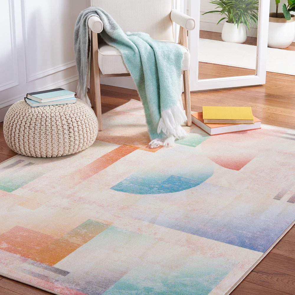 SAFAVIEH Washable Rug Paint Brush Collection - 3'3" x 5'3", Pink & Blue, Slip Resistant & Easy to Clean, Ideal for Living Room, Bedroom, Nursery, Kids Playroom, Dining Space (PTB189U)