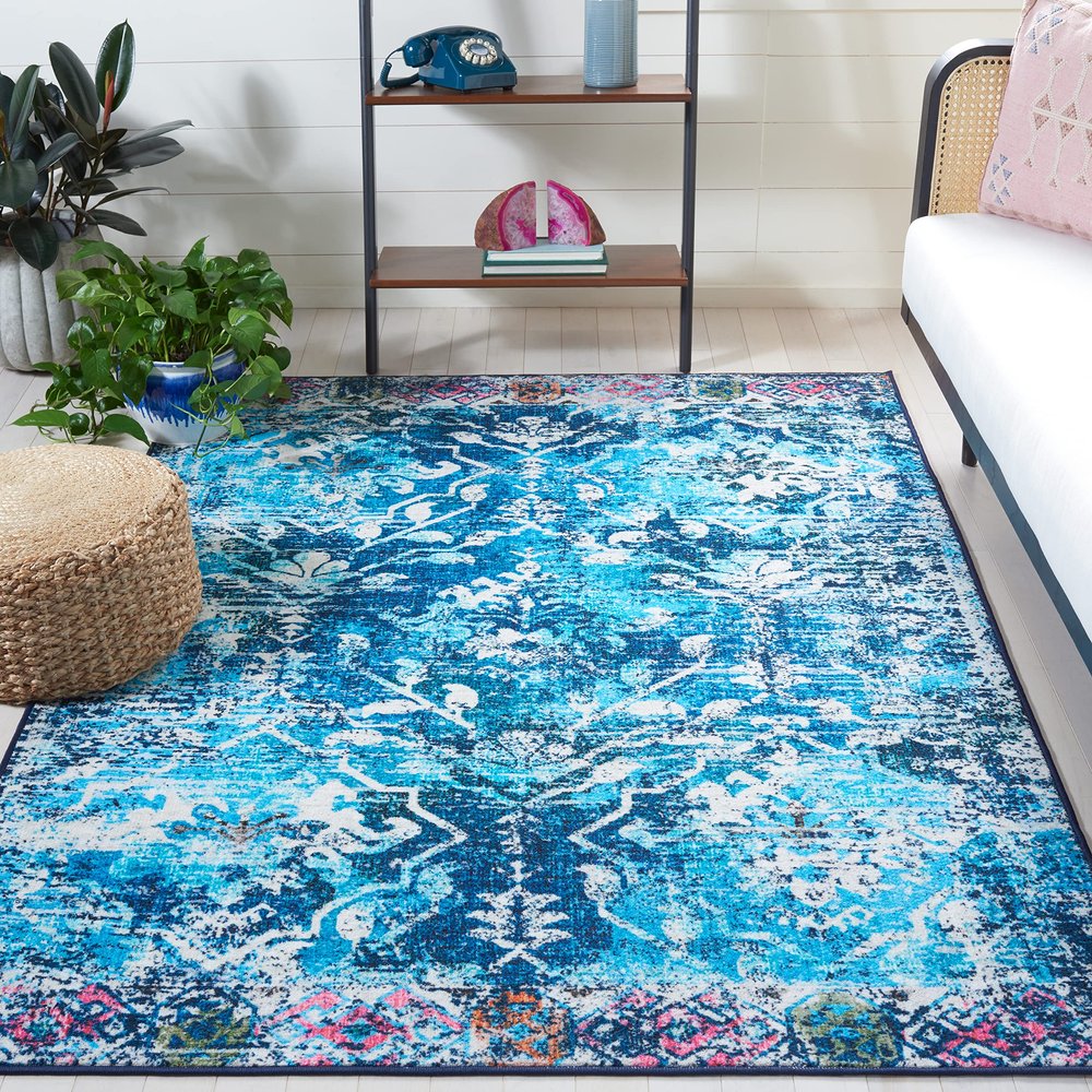 SAFAVIEH Washable Rug Riviera Collection - 4'5" x 6'5", Navy & Light Blue, Slip Resistant & Easy to Clean, Ideal for Living Room, Bedroom, Office, Kids Playroom, Dining Space (RIV117N)