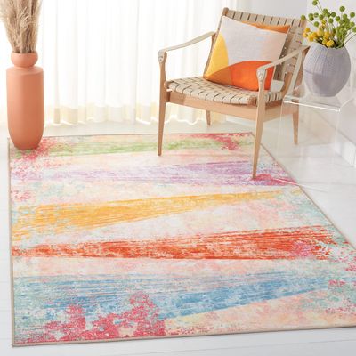 SAFAVIEH Washable Rug Paint Brush Collection - 3'3" x 5'3", Pink & Blue, Slip Resistant & Easy to Clean, Ideal for Living Room, Bedroom, Nursery, Kids Playroom, Dining Space (PTB173U)