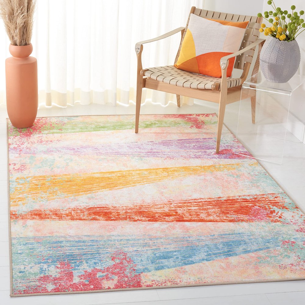 SAFAVIEH Washable Rug Paint Brush Collection - 3'3" x 5'3", Pink & Blue, Slip Resistant & Easy to Clean, Ideal for Living Room, Bedroom, Nursery, Kids Playroom, Dining Space (PTB173U)