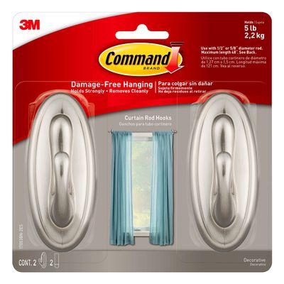 Command Curtain Rod Hooks, Large, Brushed Nickel, 2-Hooks, 2-Strips, 2-Pack, Decorate Damage-Free