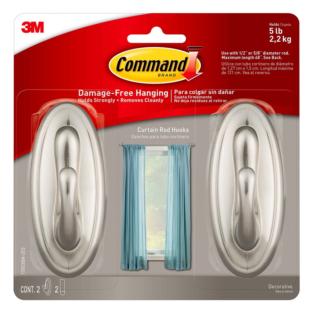 Command Curtain Rod Hooks, Large, Brushed Nickel, 2-Hooks, 2-Strips, 2-Pack, Decorate Damage-Free