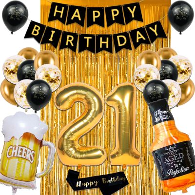21st Birthday Decorations for Him Her, Black and Gold 21 Birthday Decorations with Happy Birthday Banner,Fringe Curtain,Confetti and Latex Balloons