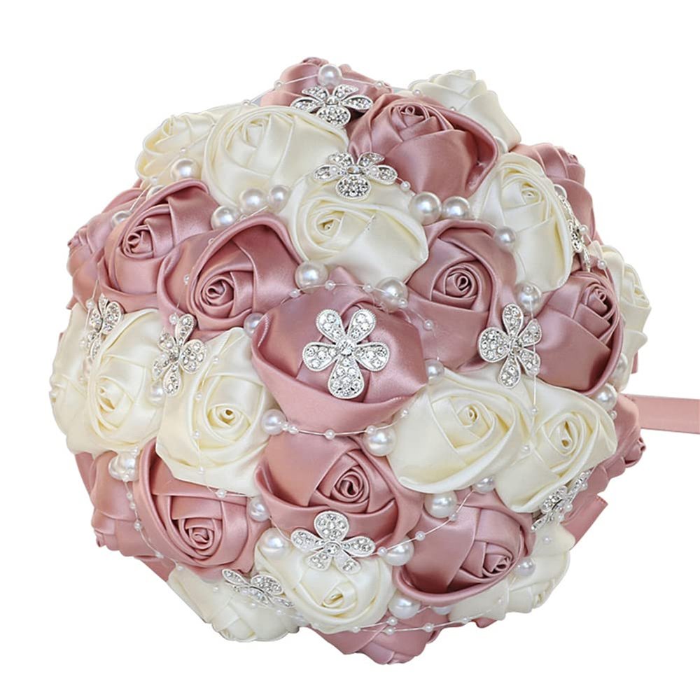 8.3 Inch Handmade Satin Rose Bridal Bouquet Toss Round Wedding Bouquet Throw Toss Artificial Flower Bunch Ivory + Shimmering Blush Pink