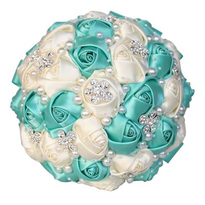 9.4 Inch Handmade Satin Rose Bridal Bouquet Toss Round Wedding Bouquet Throw Toss Artificial Flower Bunch Ivory + Pale Blue