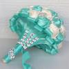 9.4 Inch Handmade Satin Rose Bridal Bouquet Toss Round Wedding Bouquet Throw Toss Artificial Flower Bunch Ivory + Pale Blue view 3