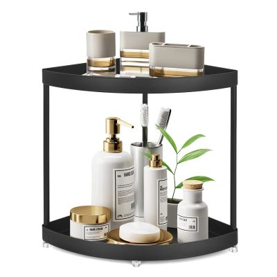 2 Tier Bathroom Countertop Organizer, Corner Storage Shelf Counter Standing Rack Cosmetic Vanity Tray Kitchen Spice Rack, Black