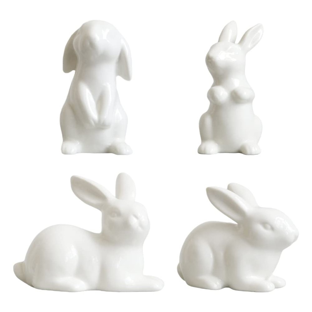 4Pcs Easter Rabbit Figurine Ceramic Bunny Statues Mini Garden Ornaments Easter Party Decor for Lawn Table Office