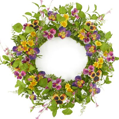 Artificial 20" Spring Summer Wreath with Pansy Flower,Yellow Daisy,Rose Leaf,Eucalyptus Leaf,Fern Branch for Front Door Indoor Outdoor Farmhouse Wall Window Festival Wedding Decor,Gift Box Included
