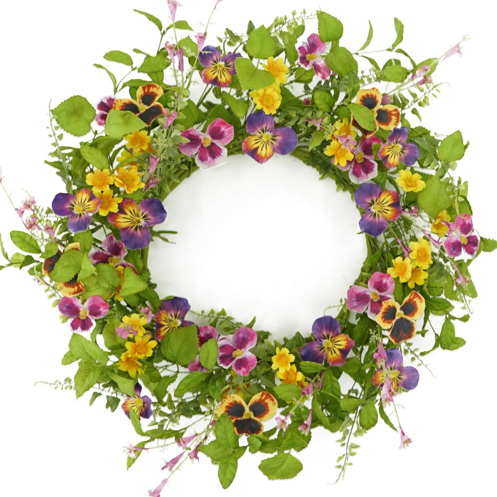 Artificial 20" Spring Summer Wreath with Pansy Flower,Yellow Daisy,Rose Leaf,Eucalyptus Leaf,Fern Branch for Front Door Indoor Outdoor Farmhouse Wall Window Festival Wedding Decor,Gift Box Included