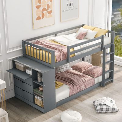 Twin Over Twin Bunk Bed with Storage, Solid Wood Bunk Bed with Attached Cabinet and Shelves Storage, Floor Bunk Bed for Kids/Teens/Adults (Grey*)